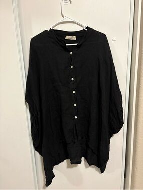 SAGA Made In Italy 100% Linen Poncho Top Women’s OS Black Button Up Lagenlook